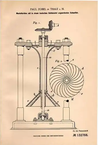 Original Patentschrift - P. Zobel in Thale a.H., 1901 , Mantelturbine , Turbine !!!