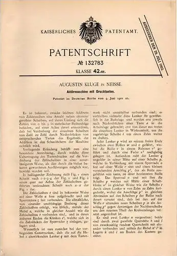 Original Patentschrift - A. Kluge in Neisse , 1901 , Addirmaschine , Rechenmaschine , Rechner , Mathematik !!!