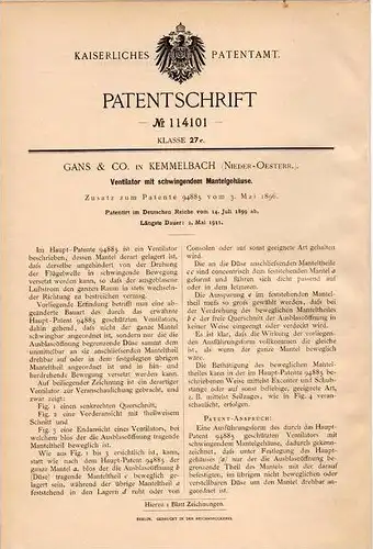 Original Patentschrift - Gans & Co in Kemmelbach , 1899 , Ventilator mit schwingendem Gehäuse !!!