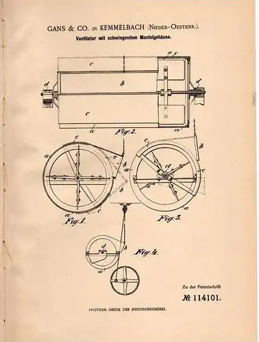 Original Patentschrift - Gans & Co in Kemmelbach , 1899 , Ventilator mit schwingendem Gehäuse !!!