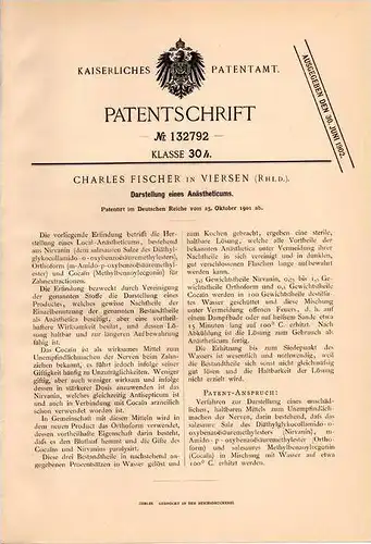 Original Patentschrift - C. Fischer in Viersen , Rhld., 1901 , Anästheticum - Darstellung , Chemie !!!