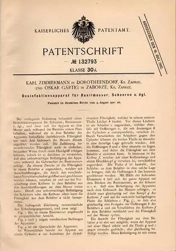 Original Patentschrift - O. Gärtig in Zaborze und Dorotheendorf , Kr. Zabrze , 1901 , Desinfektion von Rasiermesser !!!
