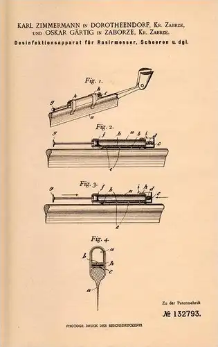 Original Patentschrift - O. Gärtig in Zaborze und Dorotheendorf , Kr. Zabrze , 1901 , Desinfektion von Rasiermesser !!!