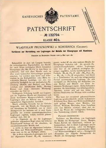 Original Patentschrift - W. Pruszkowski in Schodnica , Galizien , 1901 , Legierung von Metall mit Aluminium !!!