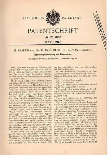 Original Patentschrift - Dr. W. Hochberg in Tarnow , Galizien , 1899 , Eisenbahn - Deckungsapparat !!!