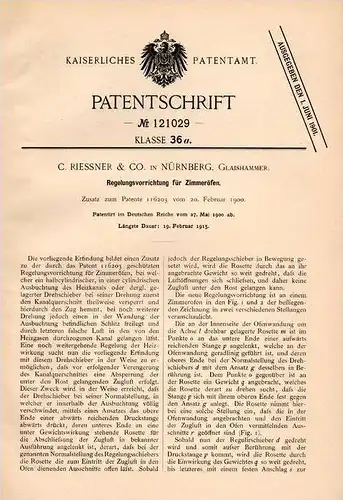Original Patentschrift - C. Riessner & Co in Nürnberg , Glaishammer ,1900 , Regler für Ofen , Kanonenofen , Zimmerofen !