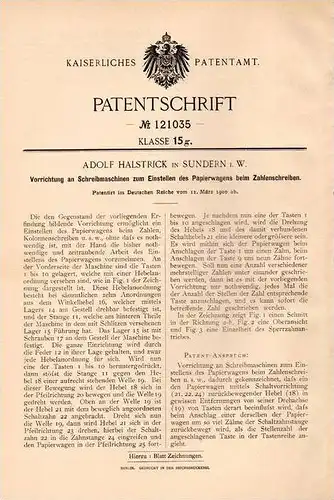 Original Patentschrift - A. Halstrick in Sundern i.W., 1900 , Schreibmaschine , Papierwagen !!!