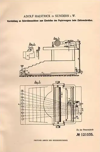 Original Patentschrift - A. Halstrick in Sundern i.W., 1900 , Schreibmaschine , Papierwagen !!!