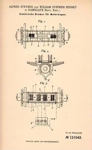 Original Patentschrift - W. Penney in Ramsgate , Kent , 1899 , Bremse für Motorwagen , Automobile !!!