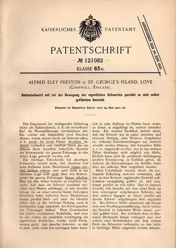 Original Patentschrift - A. Preston in St. George's Island Love , Cornwall , 1900 , Ballast - Schwert !!!