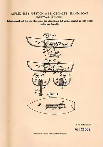 Original Patentschrift - A. Preston in St. George's Island Love , Cornwall , 1900 , Ballast - Schwert !!!