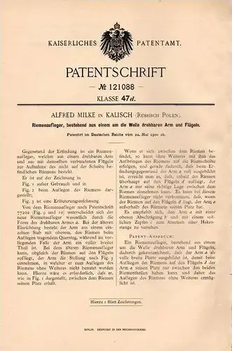 Original Patentschrift - A. Milke in Kalisch , Russisch Polen , 1900 , Riemenaufleger !!!