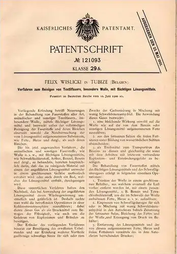 Original Patentschrift - F. Wislicki in Tubize , 1900 , Reinigung von Wolle , Textilfasern !!!