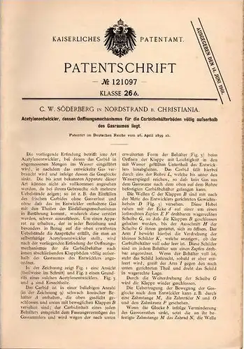 Original Patentschrift - C.W. Söderberg in Nordstrand b. Christiania , 1899 , Acetylen - Entwickler !!!