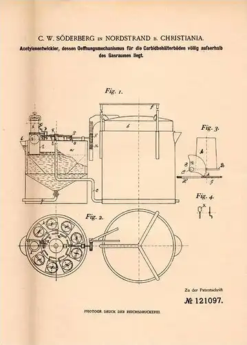 Original Patentschrift - C.W. Söderberg in Nordstrand b. Christiania , 1899 , Acetylen - Entwickler !!!