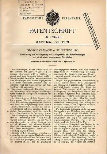 Original Patentschrift - G. Cleinow in St. Petersburg , Russland , 1903 , Motorfahrzeuge , Automobile , Apparat !!!