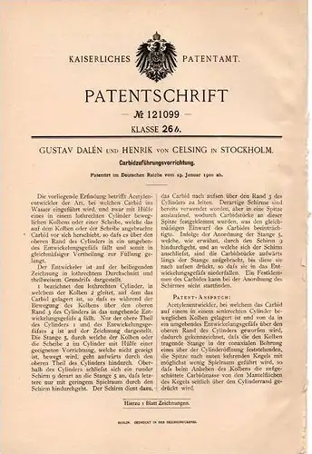 Original Patentschrift - H. von Celsing in Stockholm , 1900 , Carbid - Zuführungsapparat !!!