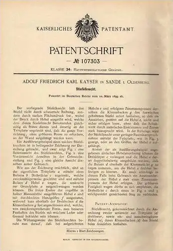 Original Patentschrift - A. Kayser in Sande i. Oldenburg , 1899 , Stiefelknecht , Stiefel !!!