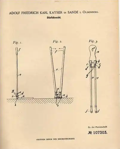Original Patentschrift - A. Kayser in Sande i. Oldenburg , 1899 , Stiefelknecht , Stiefel !!!