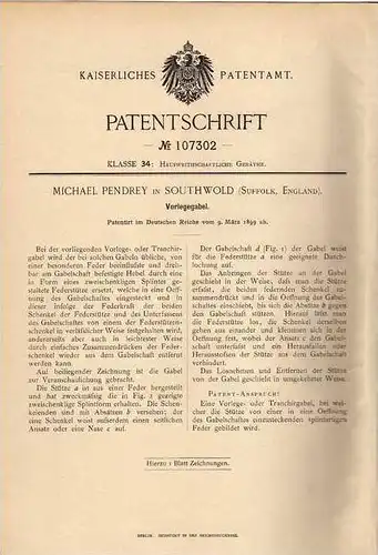 Original Patentschrift - M. Pendrey in Southwold , Suffolk , 1899 , Vorlegegabel , Tranchirgabel !!!