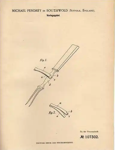 Original Patentschrift - M. Pendrey in Southwold , Suffolk , 1899 , Vorlegegabel , Tranchirgabel !!!