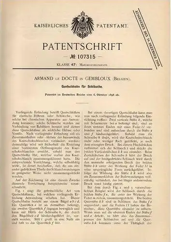 Original Patentschrift - Armand le Docte in Gembloux , 1898 , Quetschhahn für Schläuche !!!