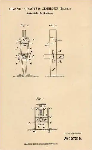 Original Patentschrift - Armand le Docte in Gembloux , 1898 , Quetschhahn für Schläuche !!!