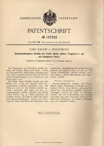 Original Patentschrift - C. Rauch in Dillenburg , 1899 , zusammenklappbare Tische , Stühle und Bänke !!!