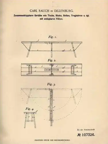 Original Patentschrift - C. Rauch in Dillenburg , 1899 , zusammenklappbare Tische , Stühle und Bänke !!!