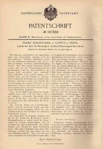 Original Patentschrift - F. Schafranek in Copitz b. Pirna , 1899 , Laterne für Schaffner , Feuerwehr !!!