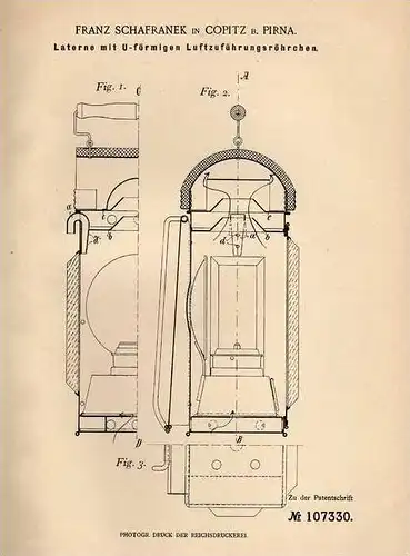 Original Patentschrift - F. Schafranek in Copitz b. Pirna , 1899 , Laterne für Schaffner , Feuerwehr !!!