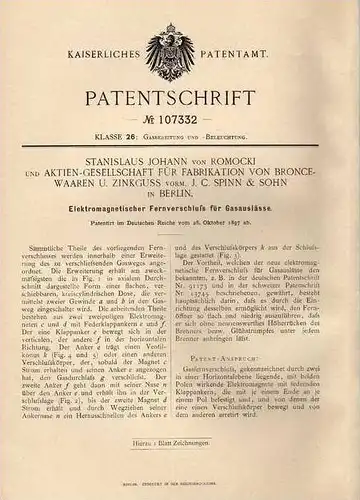 Original Patentschrift - S. von Romocki , Broncewaaren AG in Berlin , 1897 , elektromagn.  Gasauslass , Gas !!!