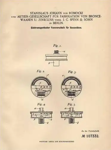 Original Patentschrift - S. von Romocki , Broncewaaren AG in Berlin , 1897 , elektromagn.  Gasauslass , Gas !!!