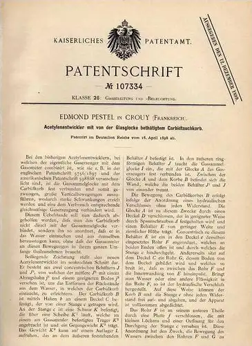 Original Patentschrift - E. Pestel in Crouy , 1898 , Acetylen - Entwickler mit Carbidtauchkorb !!!
