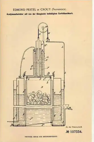 Original Patentschrift - E. Pestel in Crouy , 1898 , Acetylen - Entwickler mit Carbidtauchkorb !!!