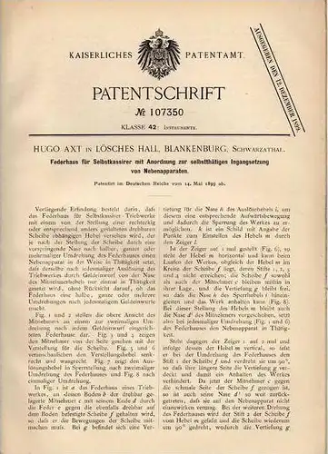 Original Patentschrift - H. Axt in Lösches Hall , Blankenburg , Schwarzathal , 1899 , Triebwerk für Selbstkassierer !!!