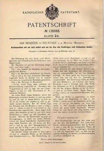 Original Patentschrift - J. Holecek in Neustadt a.d. Mettau , Böhmen , 1901 , Knetmaschine , Mischmaschine !!!