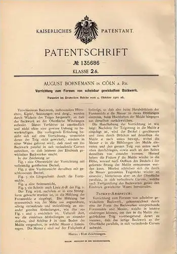 Original Patentschrift - Apparat für Backwerk, Kipfel , Salzstangen ,1901, A. Bornemann in Cöln a.Rh., Bäckerei , Bäcker