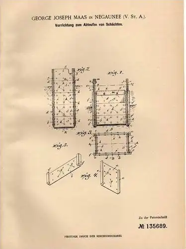 Original Patentschrift - G. Maas in Negaunee , USA , 1901 , Abteufen von Schächten , Schacht , Bergbau !!!