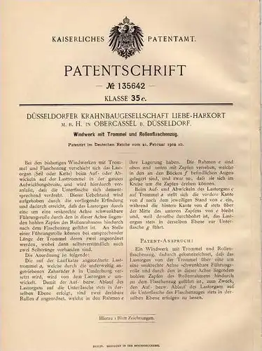 Original Patentschrift - Kranbau GmbH Liebe-Harkort in Obercassel b. Düsseldorf , 1902 , Flaschenzug , Windwerk !!!