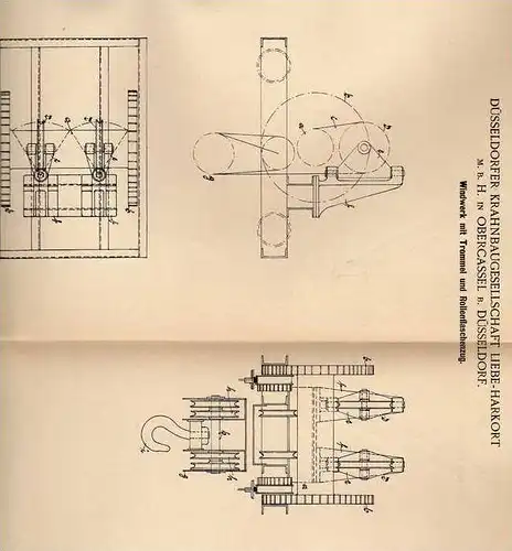 Original Patentschrift - Kranbau GmbH Liebe-Harkort in Obercassel b. Düsseldorf , 1902 , Flaschenzug , Windwerk !!!