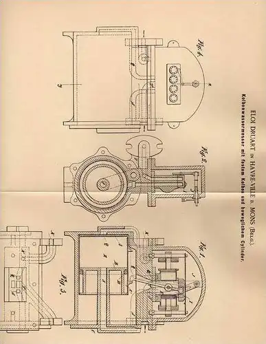 Original Patentschrift - E. Druart in Havre-Ville b. Mons , 1901 , Kolbenwassermesser mit beweglichem Cylinder !!!