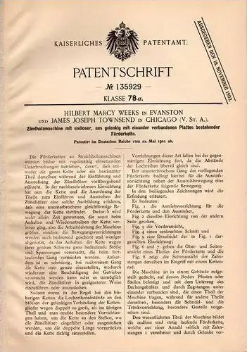 Original Patentschrift - Zündholz - Maschine , 1901 , H. Weeks in Evanston und Chicago , Streichholz , Streichhölzer !!!