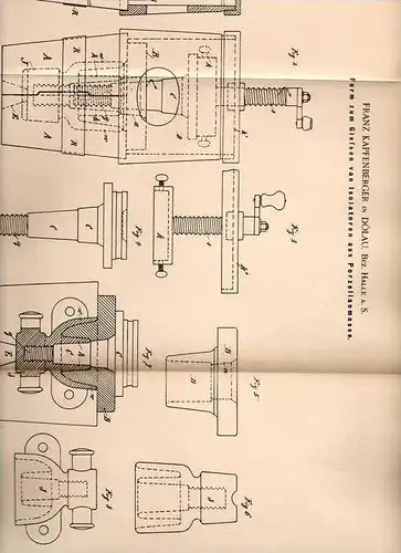 Original Patentschrift - F. Kapfenberger in Dölau , Bez. Halle a.S., 1898 , Isolator aus Porzellan !!!