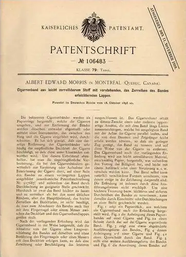 Original Patentschrift - A. Morris in Montreal , 1898 , Cigarrenband , Cigarre , Cigarrenring , Zigarre !!!