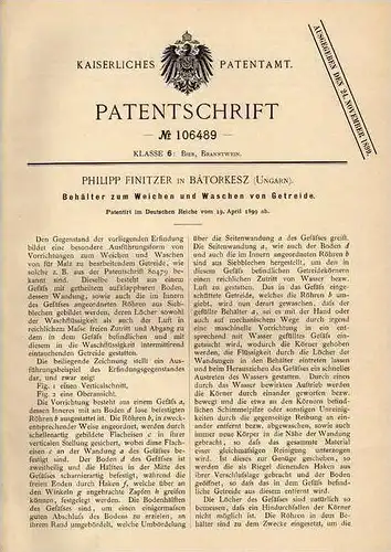 Original Patentschrift - P. Finitzer in Bátorkesz , Ungarn , 1899 , Waschen und Weichen von Getreide !!!