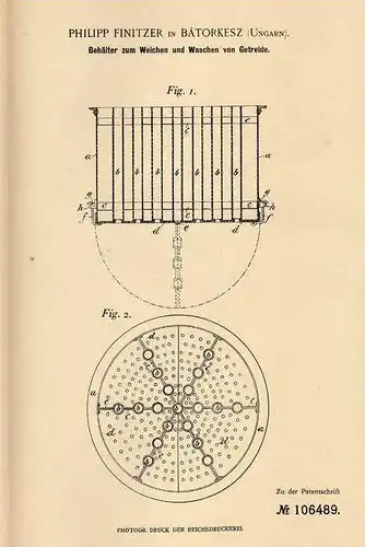 Original Patentschrift - P. Finitzer in Bátorkesz , Ungarn , 1899 , Waschen und Weichen von Getreide !!!