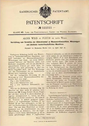 Original Patentschrift - A. Wild in Furth im Wald , 1898 , Ausreißmaschine für Moos , Wiesenegge , Landwirtschaft !!!
