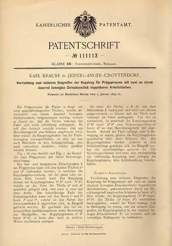 Original Patentschrift - K. Krause in Leipzig - Anger - Crottendorf , 1899 , Kupplung für Prägepresse , Presse , Prägung