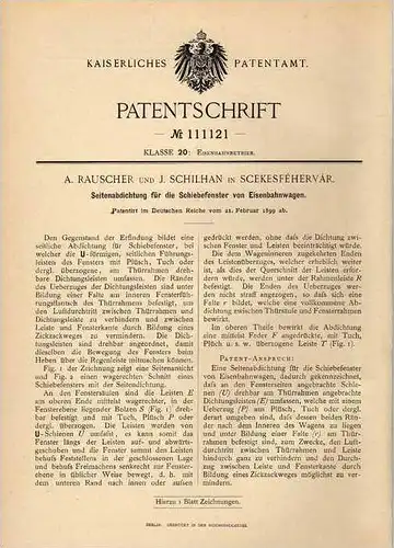Original Patentschrift - A. Rauscher in Scekesfehervar , Ungarn , 1899 , Fenster für Eisenbahn , Abdichtung !!!